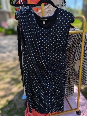 Navy and White Polka Dot Sleeveless Stretchy Midi Dress